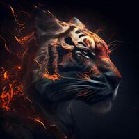 Tiger head with a fire effect on a dark background, digital painting, Image photo