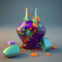 3D render of a vase full of colorful liquid with geometric shapes, Image photo