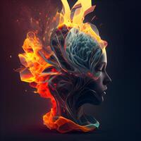 Human head with brain in fire. 3d illustration isolated on black background., Image photo