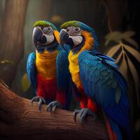 Two macaw parrots on a branch in the forest. 3d rendering, Image photo