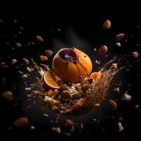 Dried apricots and almonds flying on a dark background., Image photo