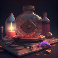 Magic potion in a bottle on a wooden table. 3d rendering, Image photo