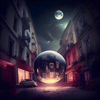 Crystal ball on the street at night. Collage. Elements of this image furnished by NASA, Image photo