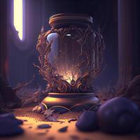 Magic crystal ball with house in the forest. 3D illustration., Image photo