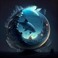 Underwater world with shark and sea lion. 3D illustration., Image photo