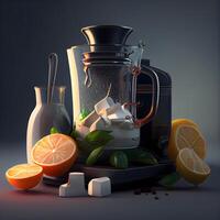 Homemade ice cream in a bowl with fruits and ingredients on dark background, Image photo