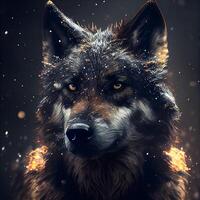 Portrait of a wolf on a black background with stars and fire, Image photo