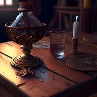 Still life with a candlestick on a wooden table. 3d render, Image photo