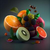 Fruits and berries on a dark background. 3d illustration., Image photo