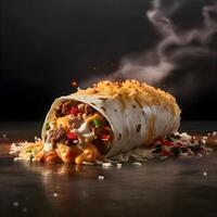 Burrito with meat, cheese and vegetables on a black background., Image photo