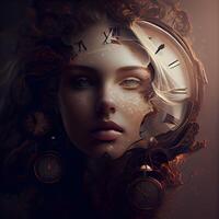 Portrait of a beautiful young woman with clocks. Time concept., Image photo