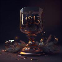 Alarm clock and two glasses of champagne. 3D illustration., Image photo