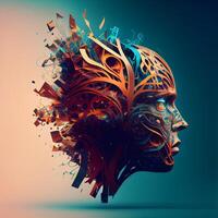 Abstract 3d human head with music notes on gradient background. 3d rendering, Image photo