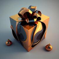 Gift box with gold bow. 3d render illustration on black background, Image photo