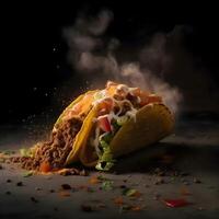 tacos with meat and vegetables on a black background with smoke, Image photo