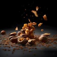 Splash of almonds and hazelnuts on a black background., Image photo