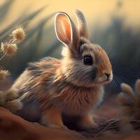 Rabbit in the desert on a background of grass. 3d rendering, Image photo