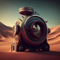 3d illustration of a camera in the desert. 3d rendering, Image photo