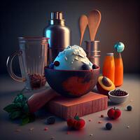 Chocolate ice cream with fresh berries in a wooden bowl on a dark background, Image photo