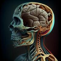 humano cráneo con cerebro y nervioso sistema, 3d ilustración, horizontal, ai generativo imagen foto