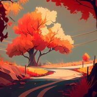 Autumn landscape with a road and a tree. illustration., Image photo