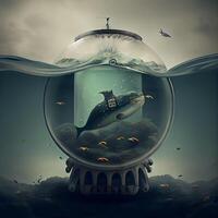 Fantasy illustration of a shark inside a fishbowl with seaweed, Image photo