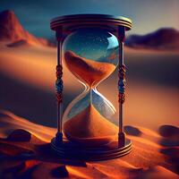 Hourglass on the sand in desert. 3d render illustration., Image photo