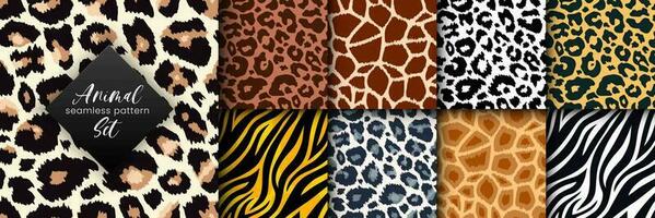 Trendy wild animal seamless pattern collection. Vector leopard, cheetah, tiger, giraffe, zebra skin texture set for fashion print design, fabric, textile, wrapping paper, background, wallpaper