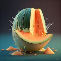 Melon with splashes and drops of water, 3d illustration, Image photo