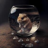 Hamster in a glass bowl with ice on a dark background., Image photo