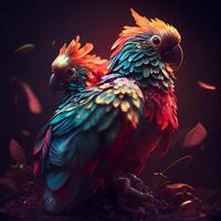 hermosa guacamayo loro en un oscuro antecedentes. 3d representación, ai generativo imagen foto