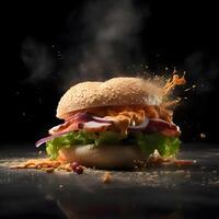 Hamburger with flying ingredients on a dark background. Fast food concept., Image photo