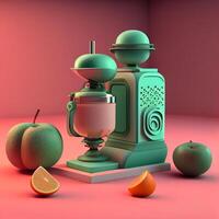 Vintage coffee grinder with apples and oranges. 3D rendering, Image photo