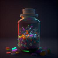 3d render of a bottle filled with colorful pills on dark background, Image photo