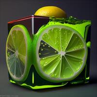 Citrus juice with lemon, lime and ice cubes. 3d rendering, Image photo