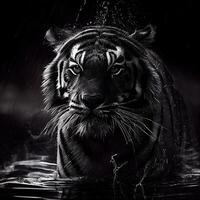 negro y blanco retrato de un Tigre con agua gotas en un negro fondo, ai generativo imagen foto