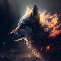 Portrait of a wolf in fire. Digital painting. 3D rendering., Image photo