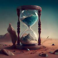 Hourglass with sand on the background of the ancient map. Time concept, Image photo