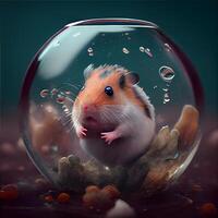 Hamster in a glass aquarium with water drops. 3d rendering, Image photo