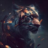 tiger portrait with fire effect on a dark background, digital painting, Image photo