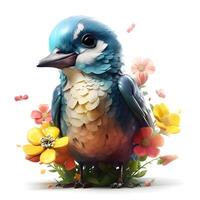 Bird with flowers and leaves isolated on white background. 3D illustration., Image photo