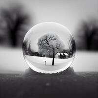 Crystal ball with trees and houses in the snow. Black and white, Image photo