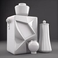 White perfume bottle with vase on gray background. 3d render, Image photo