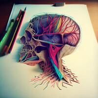 Human head made of colorful pencils on a white sheet of paper, Image photo