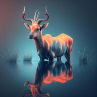Deer in the grass reflected in the water. 3d render, Image photo