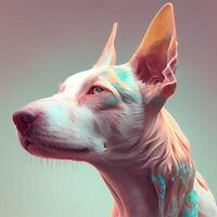 retrato de blanco perro con azul ojos y rosado pelo en gris fondo, ai generativo imagen foto