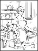 Mother Son Kitchen Coloring page vector