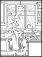 Mother Son Kitchen Coloring page vector