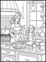 Mother Son Kitchen Coloring page vector