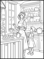 Mother Son Kitchen Coloring page vector